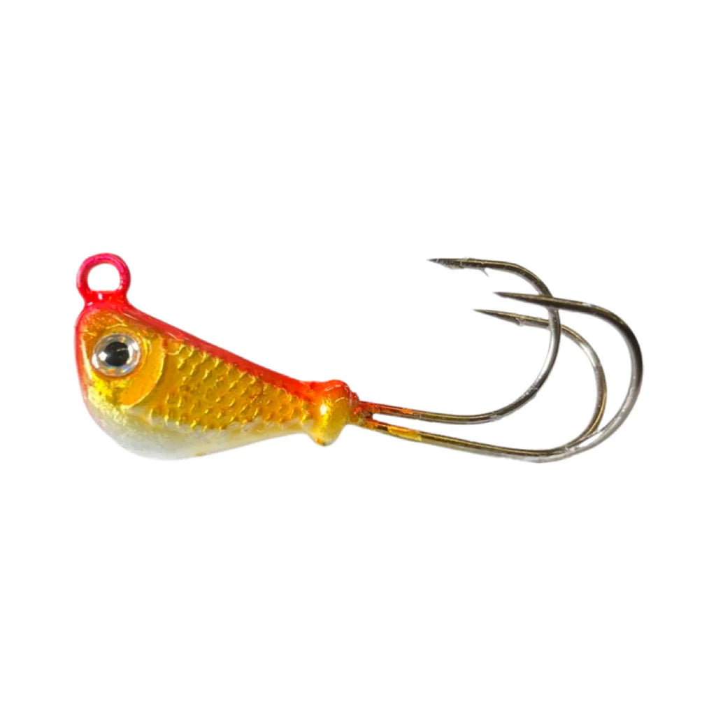 Mission Tackle Grabber Jig featuring a small, detailed metallic gold and orange fish-shaped lure with a realistic eye and two sharp, curved hooks for fishing tackle.