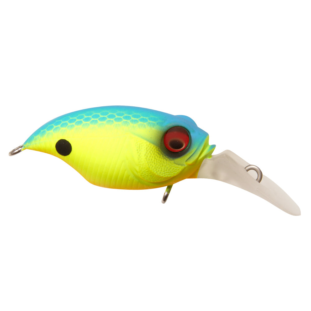 Megabass Griffon MR-X BFS brightly colored fishing lure with blue and yellow body, detailed scale texture, large red eye, and white diving lip designed for freshwater fishing tackle.