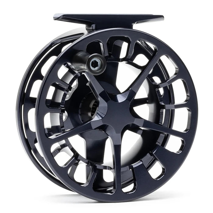 Lamson Guru X Fly Reel in black with large arbor spool open frame design and ergonomic handle for fly fishing gear and fishing tackle