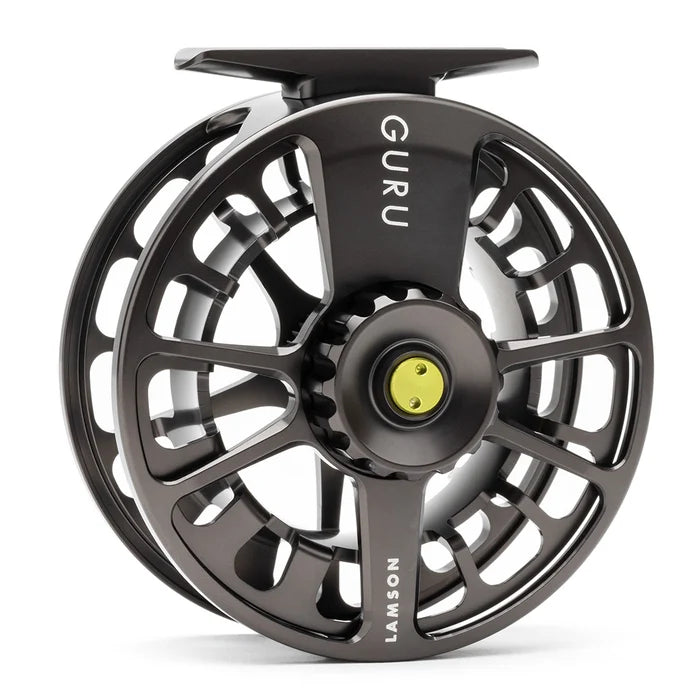 Lamson Guru X Fly Reel in black with open spool design and yellow center accent for fly fishing tackle