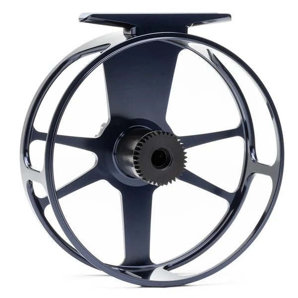 Lamson Guru X HD Fly Reel in dark finish with large arbor spool and open frame design for smooth fly fishing line retrieval
