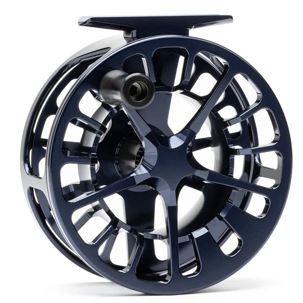 Lamson Guru X HD Fly Reel in dark blue with large arbor spool open frame and ergonomic handle for fly fishing
