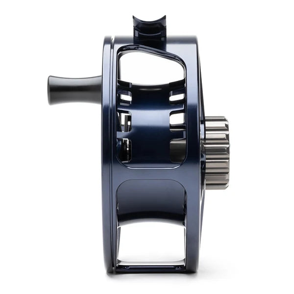 Lamson Guru X HD Fly Reel in dark blue with open frame spool ergonomic handle and large drag knob for fly fishing tackle