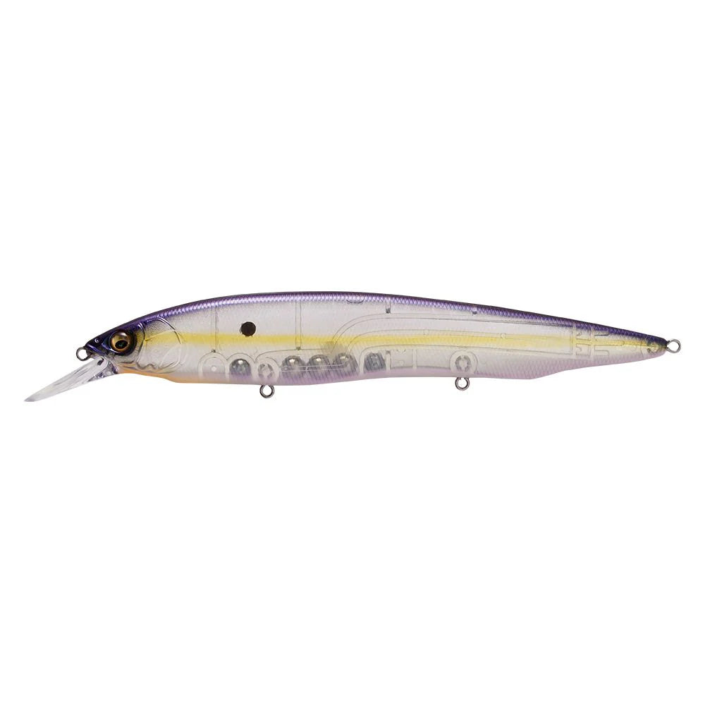 Megabass Kanata +1 fishing lure with a slender, elongated body in transparent and purple tones, designed for precise movement in water to attract fish.