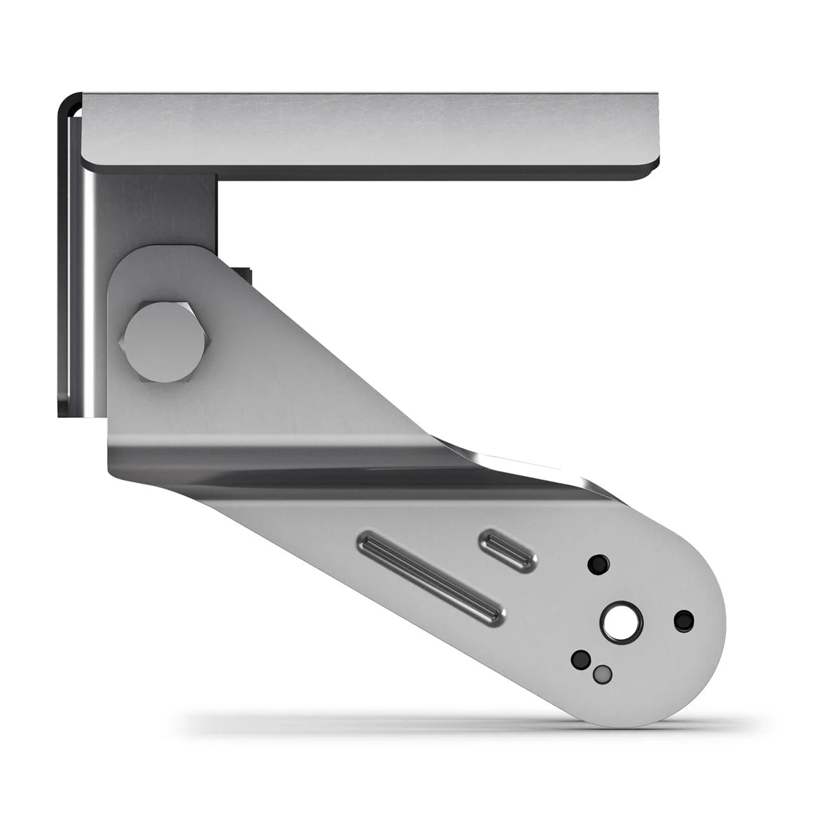 Silver metal bracket with bolts and mounting holes designed as a Transom Mount for the LiveScope™ 2 Transducer Series, used for secure installation on boats.