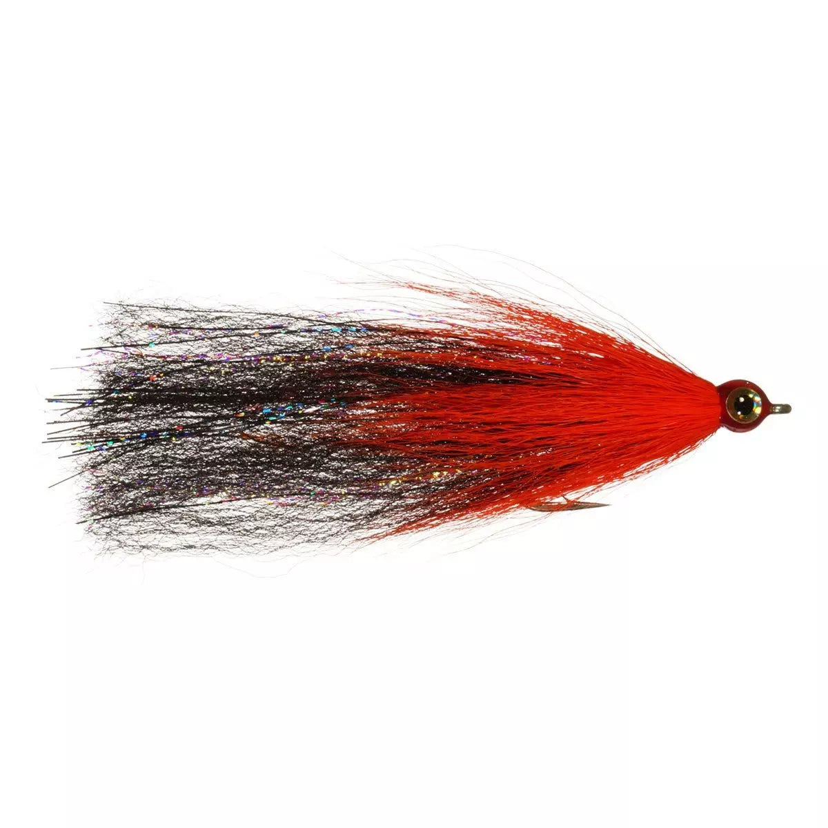 Ehler's Gator Done #2/0 fishing lure with vibrant red and black synthetic fibers, designed for effective musky fishing and enhanced attraction in freshwater fishing tackle.