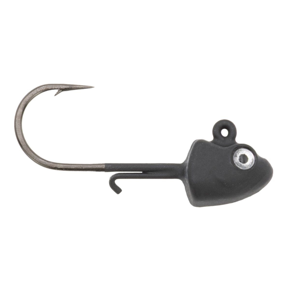 Clam Glide Drop Jig featuring a black weighted head with a realistic eye, sharp fishing hook, and weed guard, designed for fishing tackle and lure applications.