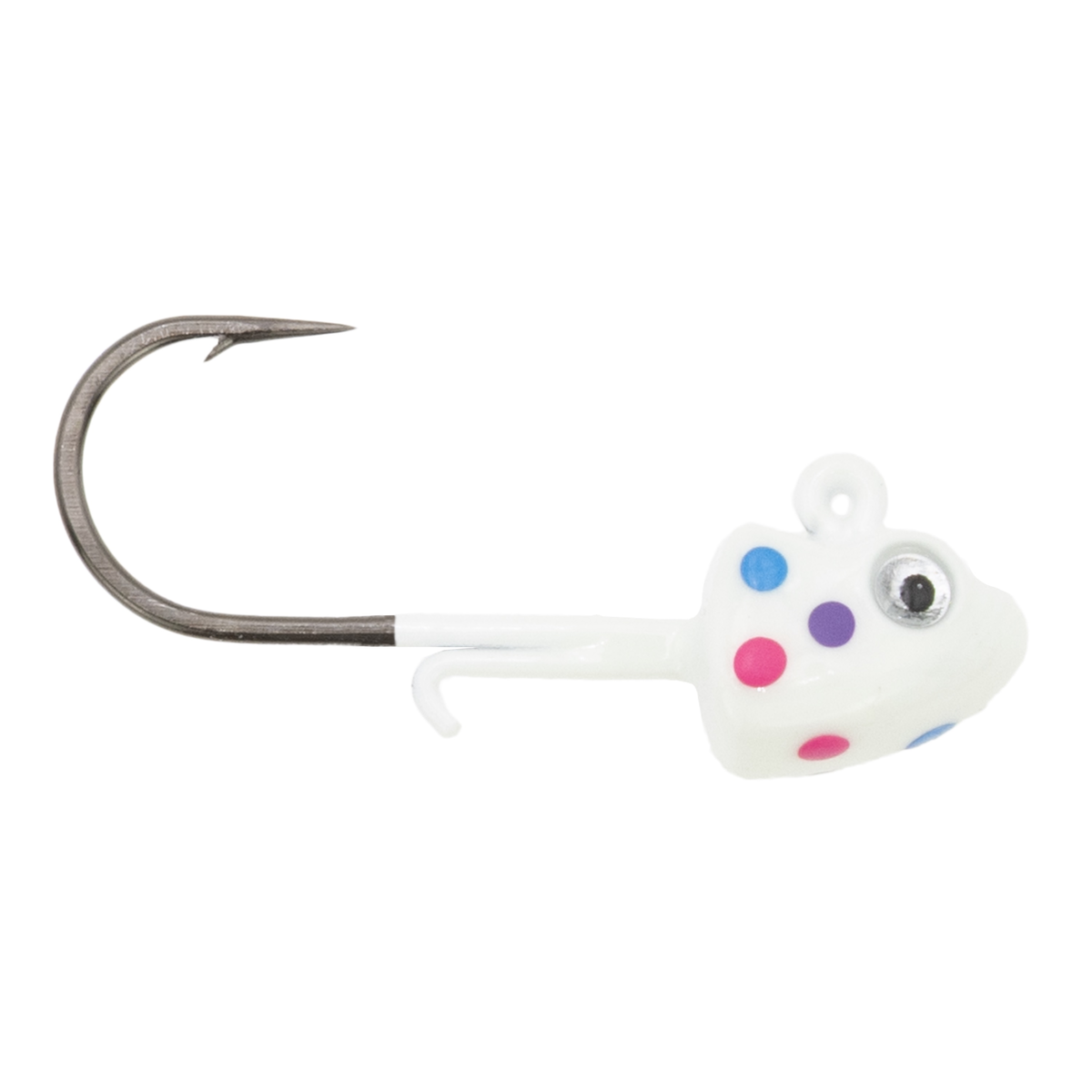 Clam Glide Drop Jig fishing lure with white head featuring multicolored dots, a detailed eye, and a sharp metal hook designed for effective fishing tackle use.