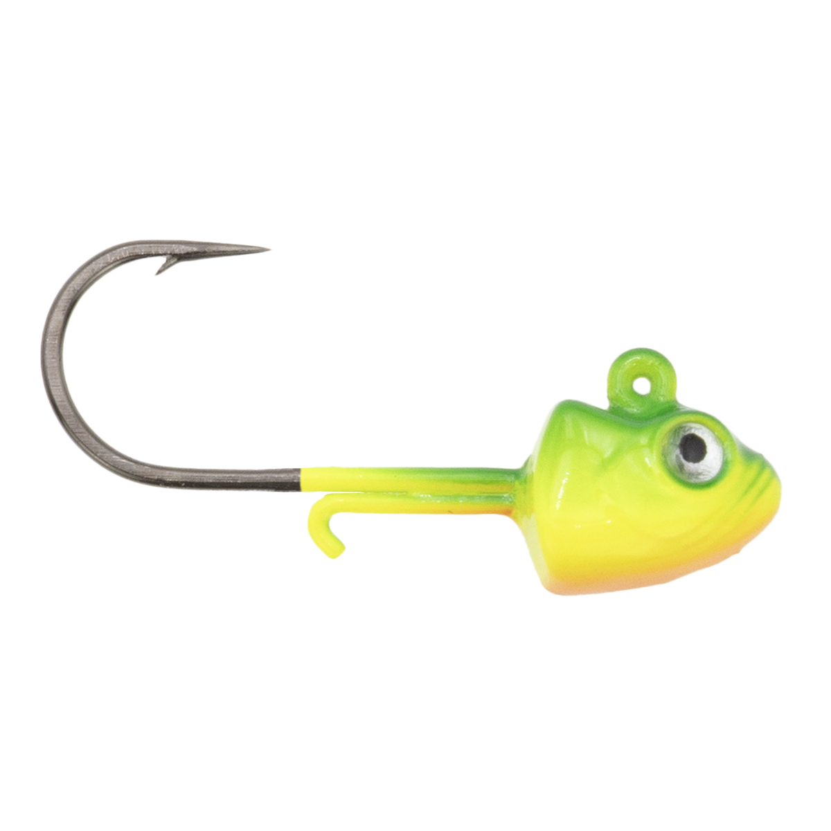 Clam Glide Drop Jig in bright yellow and green colors with a detailed fish head design, featuring a sharp single hook and an eyelet for attaching fishing line.