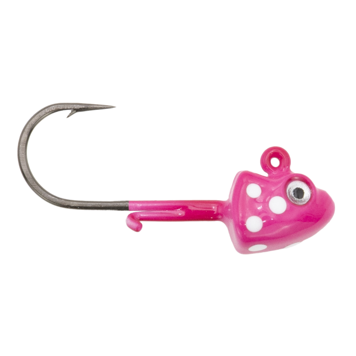 Clam Glide Drop Jig fishing lure in bright pink with white polka dots, featuring a single sharp metal hook and molded jig head designed for effective musky and ice fishing tackle.
