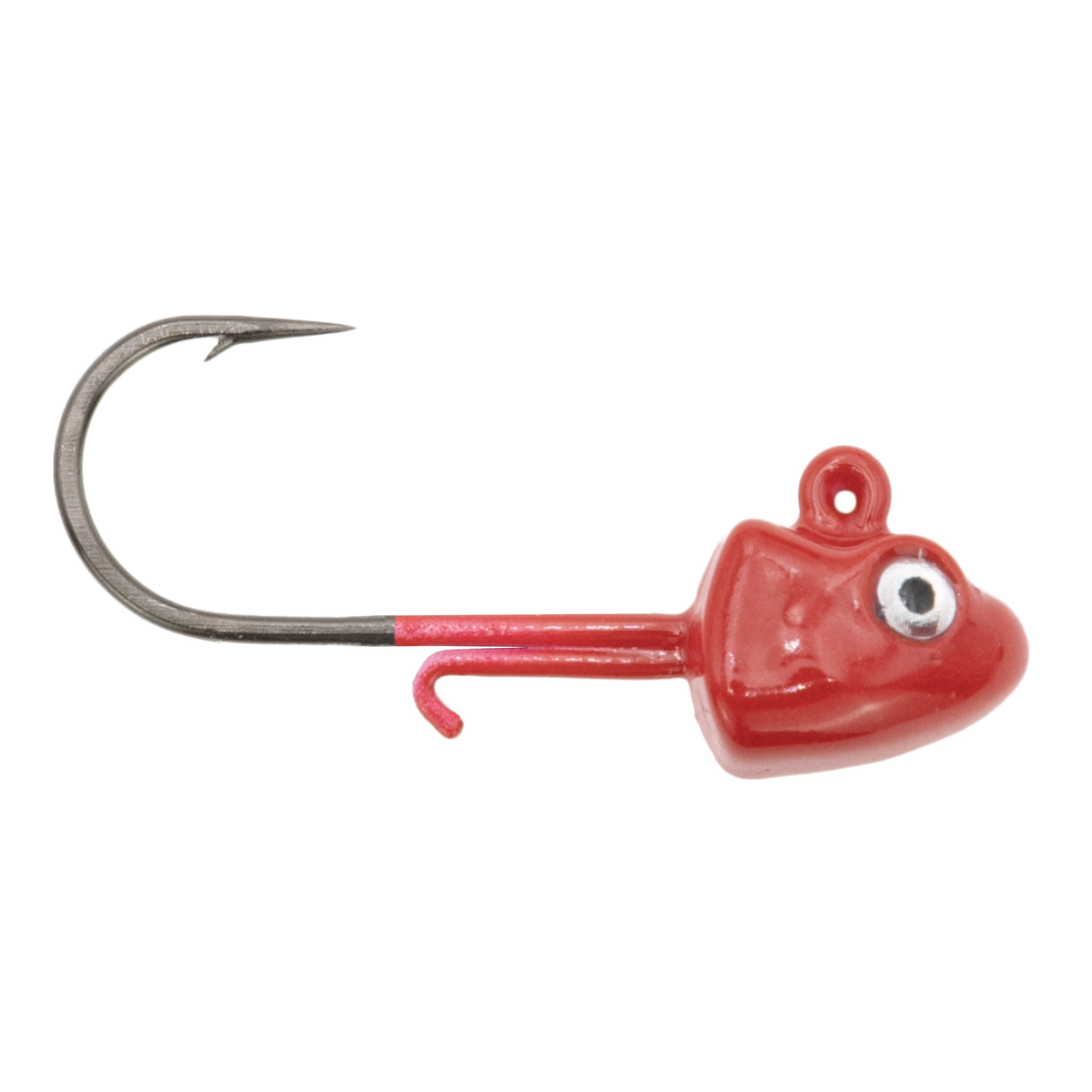 Clam Glide Drop Jig fishing lure in red with a single sharp hook, detailed eye design, and a small barb near the hook shank for improved catch efficiency.