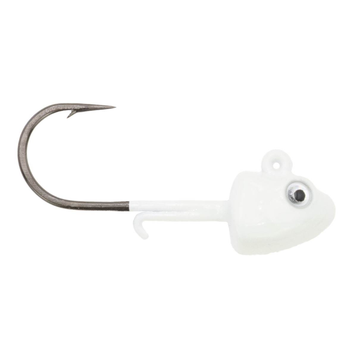 Clam Glide Drop Jig white glow fishing lure with detailed eye and sharp hook, designed for effective fishing tackle use in targeting musky and other species.