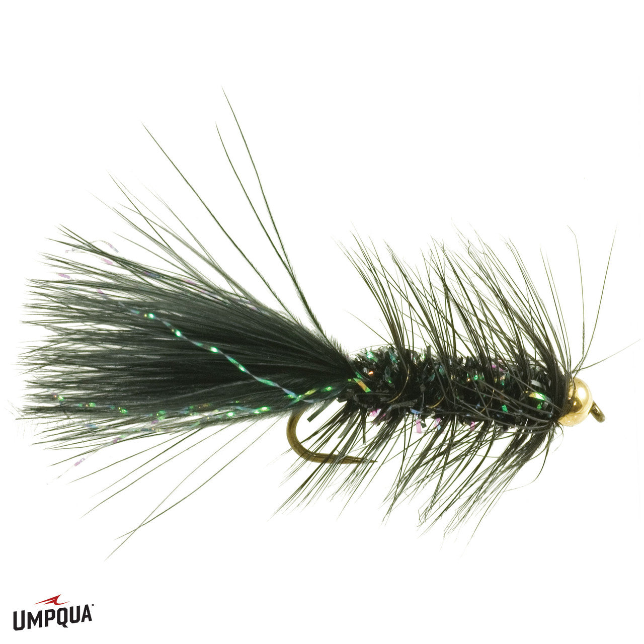 Black and iridescent Wooly Bugger fishing lure with gold bead head, detailed feather and synthetic fibers designed to mimic aquatic prey for fly fishing tackle.