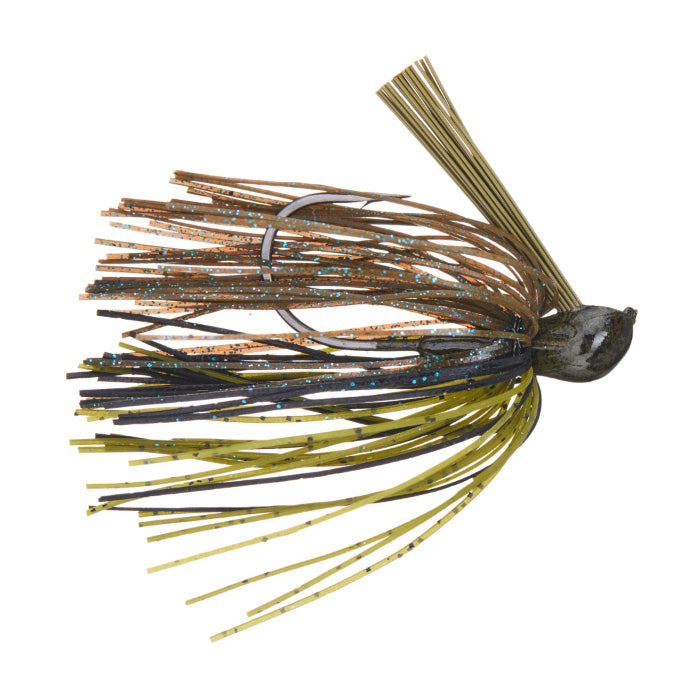 Greenfish Tackle Sinewy Jig fishing lure featuring a multi-colored skirt with brown, olive, and blue glitter strands, designed for musky fishing tackle.