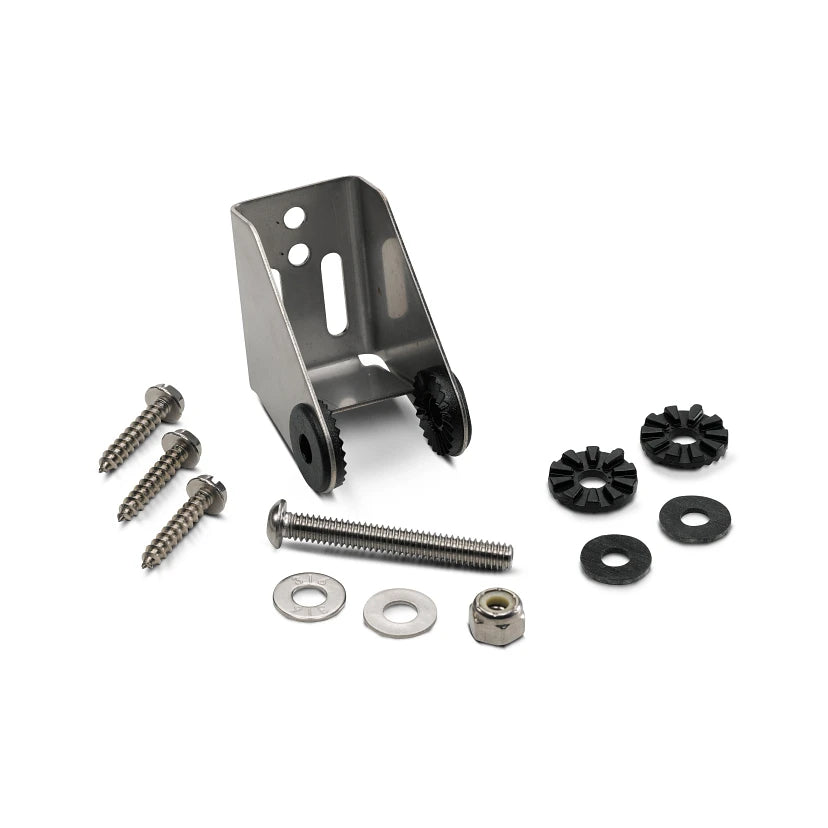 Humminbird MHX MXNT - METAL TRANSOM MOUNTING BRACKET 740162-1 shown with stainless steel screws, washers, lock nut, and black plastic mounting components for secure marine electronics installation.