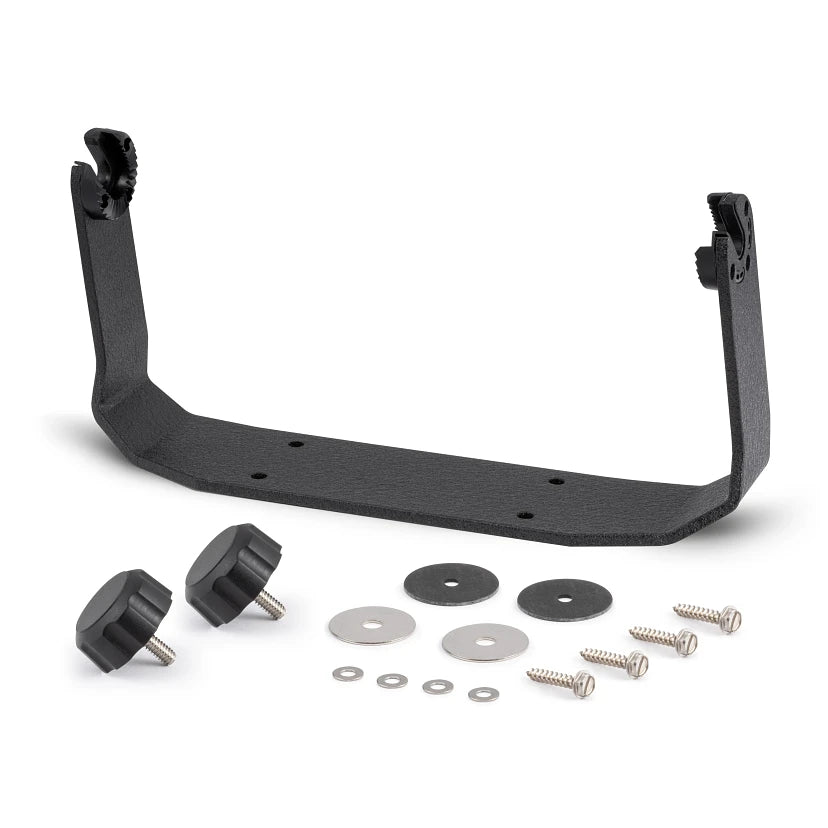 Humminbird Gimbal Mount - XPLORE 10 PN:740234-1 with black metal bracket, mounting hardware including screws, washers, and adjustable knob fasteners for secure installation on fishing boats.