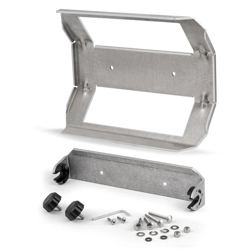 Humminbird In-Dash Mounting Kit - XPLORE X12 PN:740238-1 metal frame and components laid out, including mounting brackets, screws, washers, and knobs for secure installation of marine electronics.
