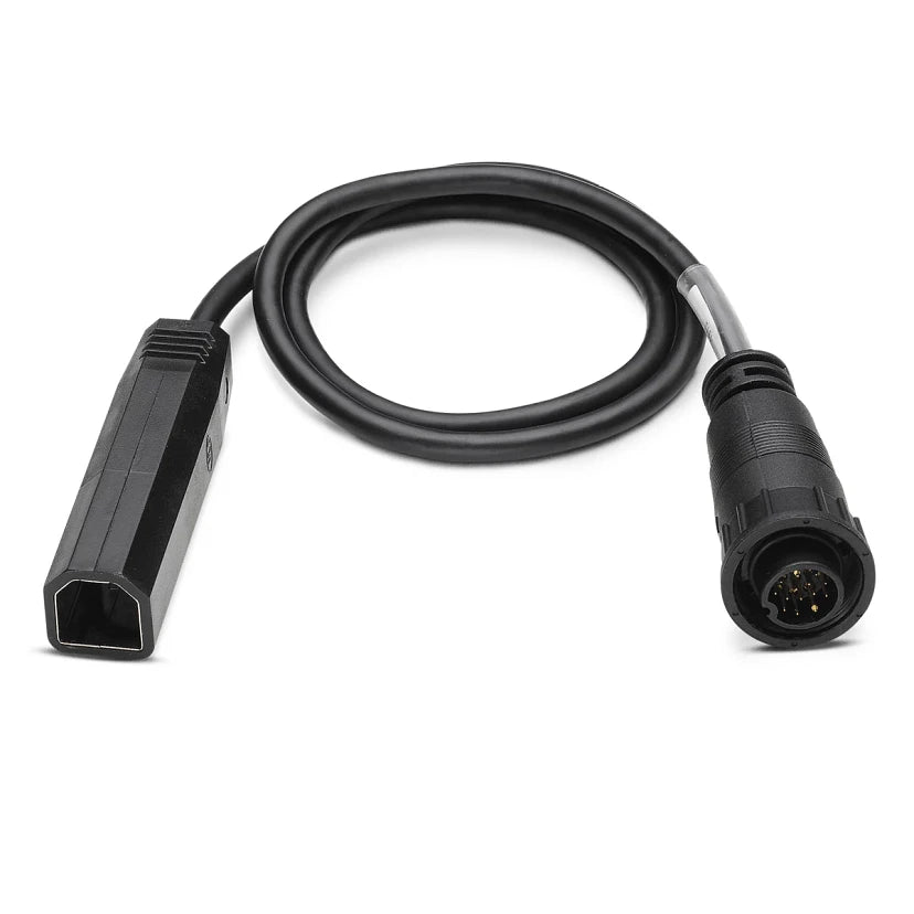 Humminbird AD 1429 Adaptor Cable PN:760030-1 is a black connector cable with a multi-pin round plug on one end and a rectangular socket on the other, designed for marine electronics and fishing tackle connections.