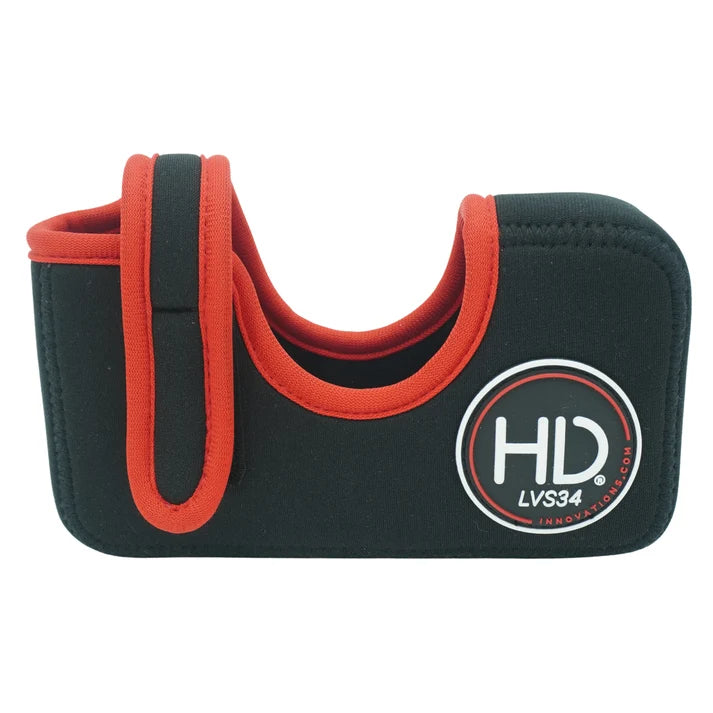 HD Innovations Transducer Cover - Neoprene in black with red trim and padded openings for protecting ice fishing transducer equipment