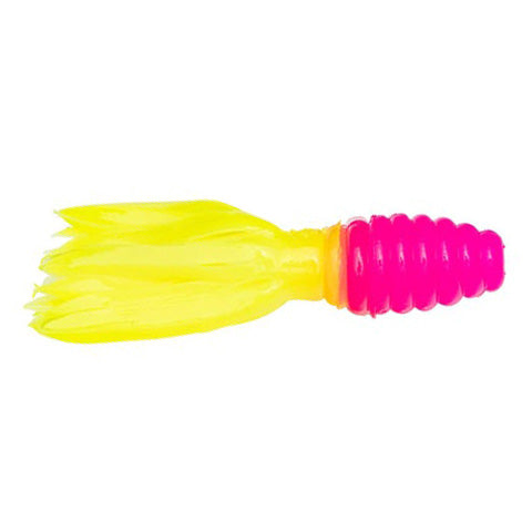 Strike King Mr. Crappie Thunder Tube Bait in bright pink and yellow, designed as a soft fishing lure with ribbed body and flowing tail for effective fishing tackle use.