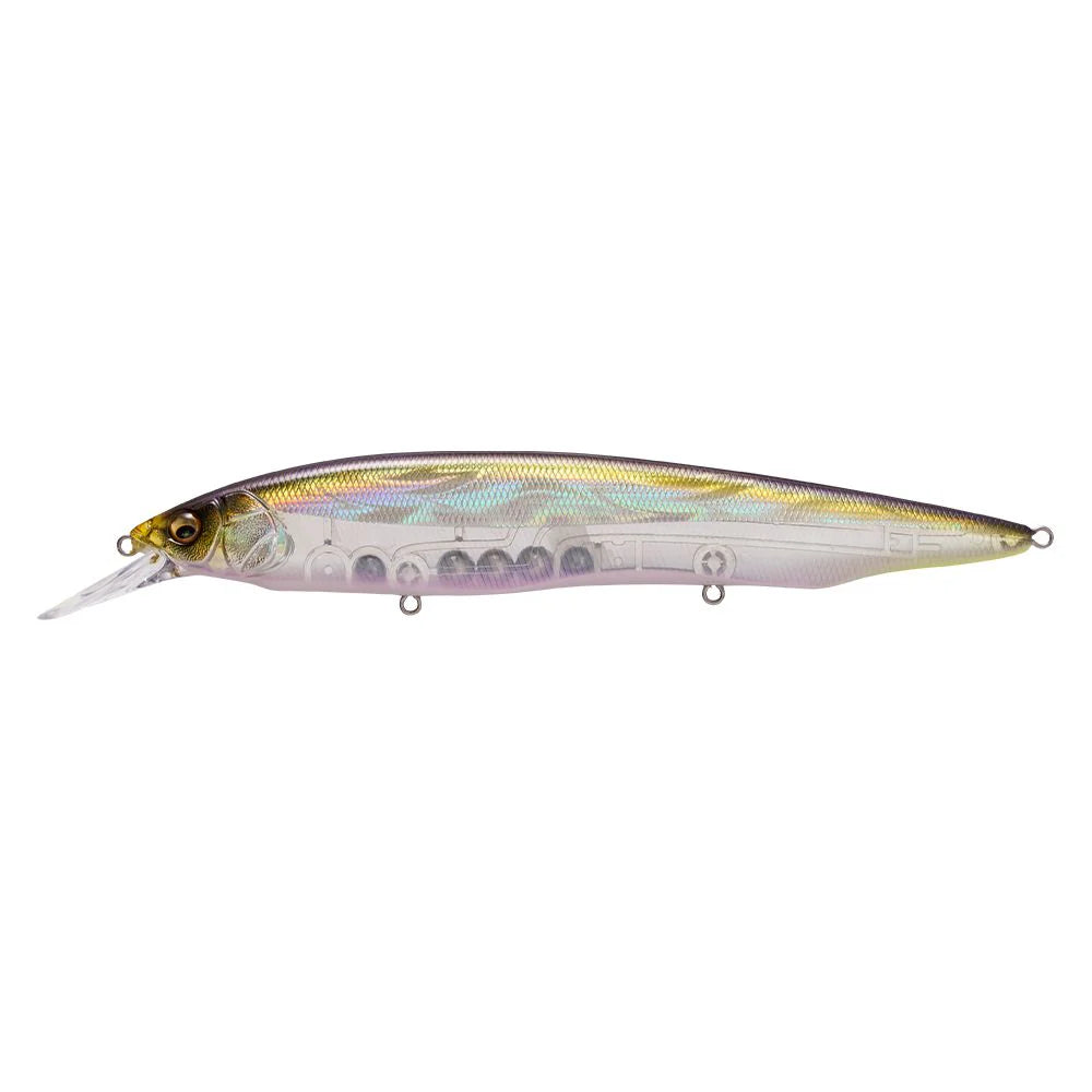 Megabass Kanata +1 fishing lure with a slender, translucent body featuring a reflective, iridescent finish and a detailed fish head design for realistic fishing tackle use.
