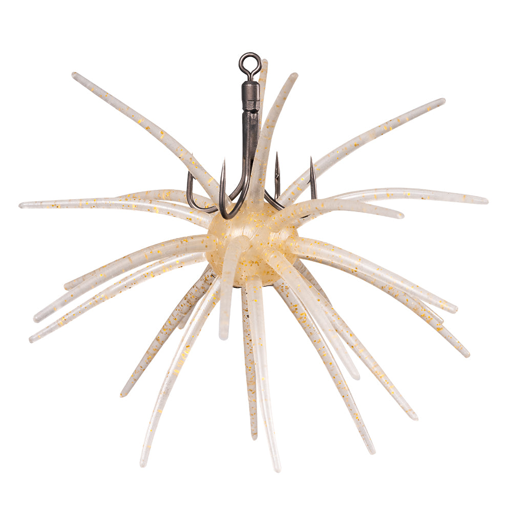 BKK Hyper Latch Quad-Urchin fishing lure with multiple flexible translucent appendages and an attached quadruple hook designed for effective fishing tackle use.