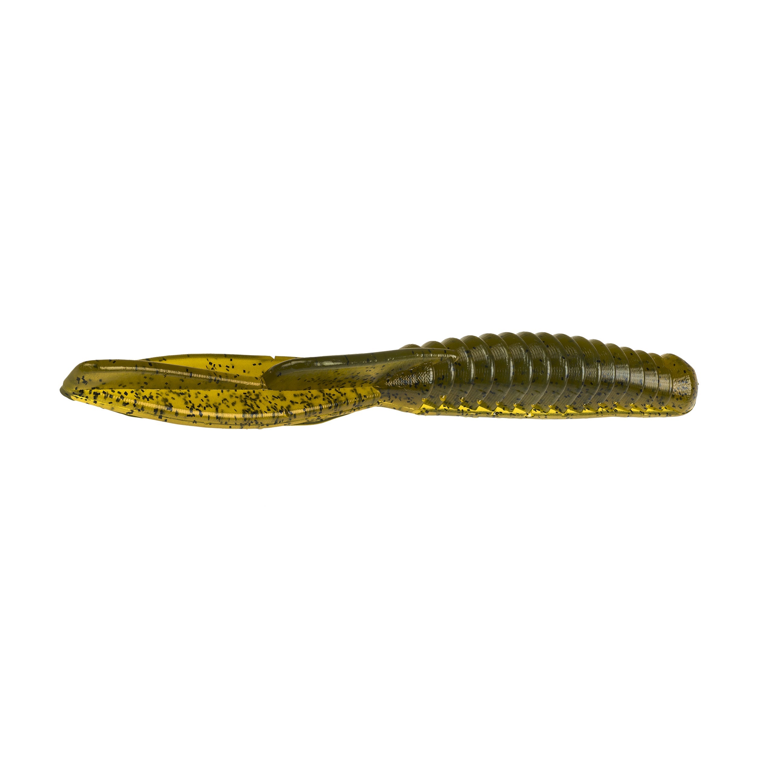 Strike King KVD Perfect Plastics Half Shell Dropshot Worm in olive green with black flecks, soft plastic fishing lure designed for targeting bass and other freshwater fish.