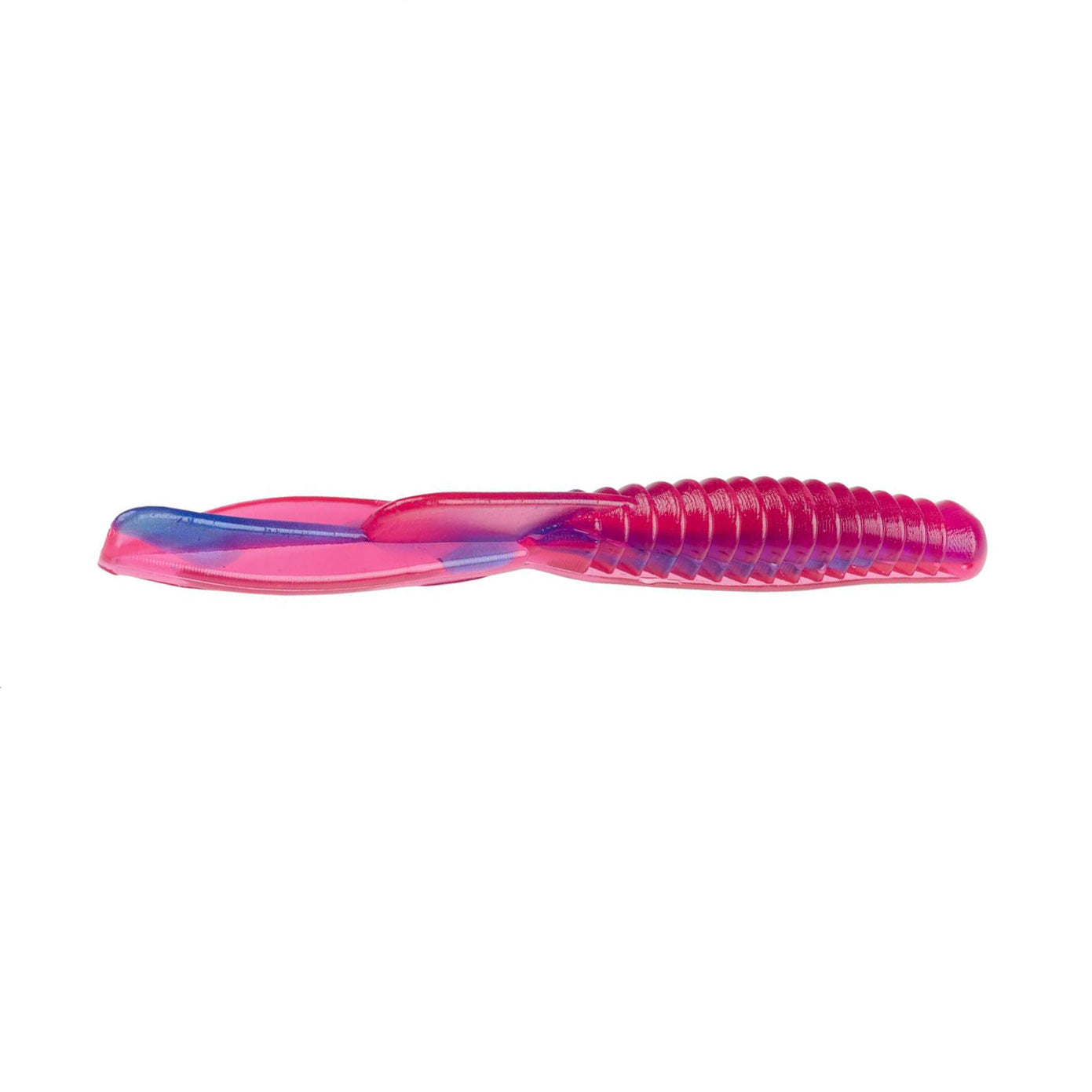 Strike King KVD Perfect Plastics Half Shell Dropshot Worm is a soft, ribbed fishing lure in vibrant pink and blue designed for use in fishing tackle setups.