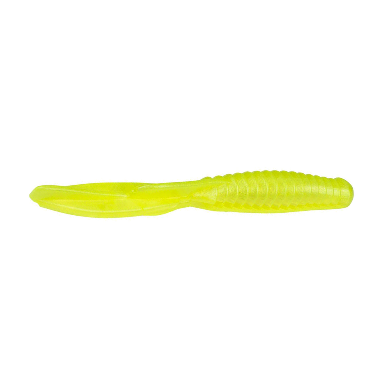 Bright yellow soft plastic fishing lure with segmented body and twin tail design, known as Strike King KVD Perfect Plastics Half Shell Dropshot Worm, used for fishing tackle.
