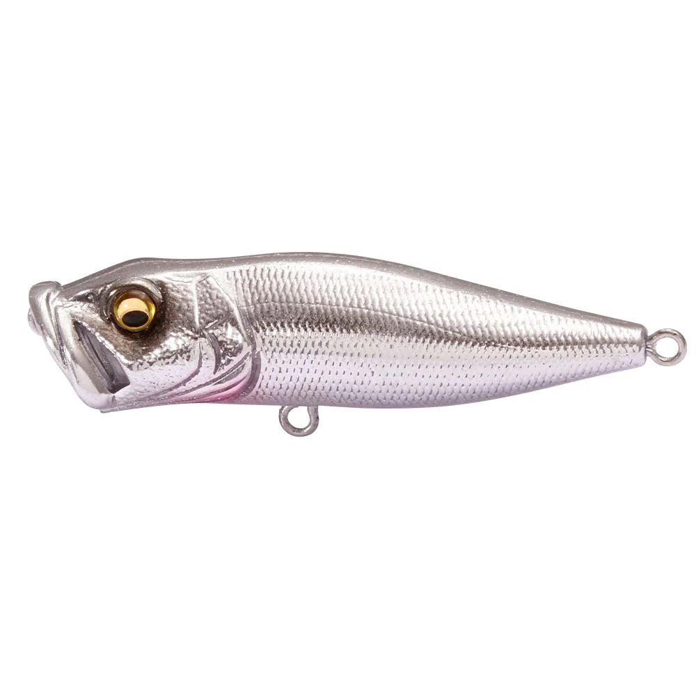 Silver fishing lure with textured body and realistic gold eye designed for freshwater use, shown in profile, identified as Megabass Pop-X.