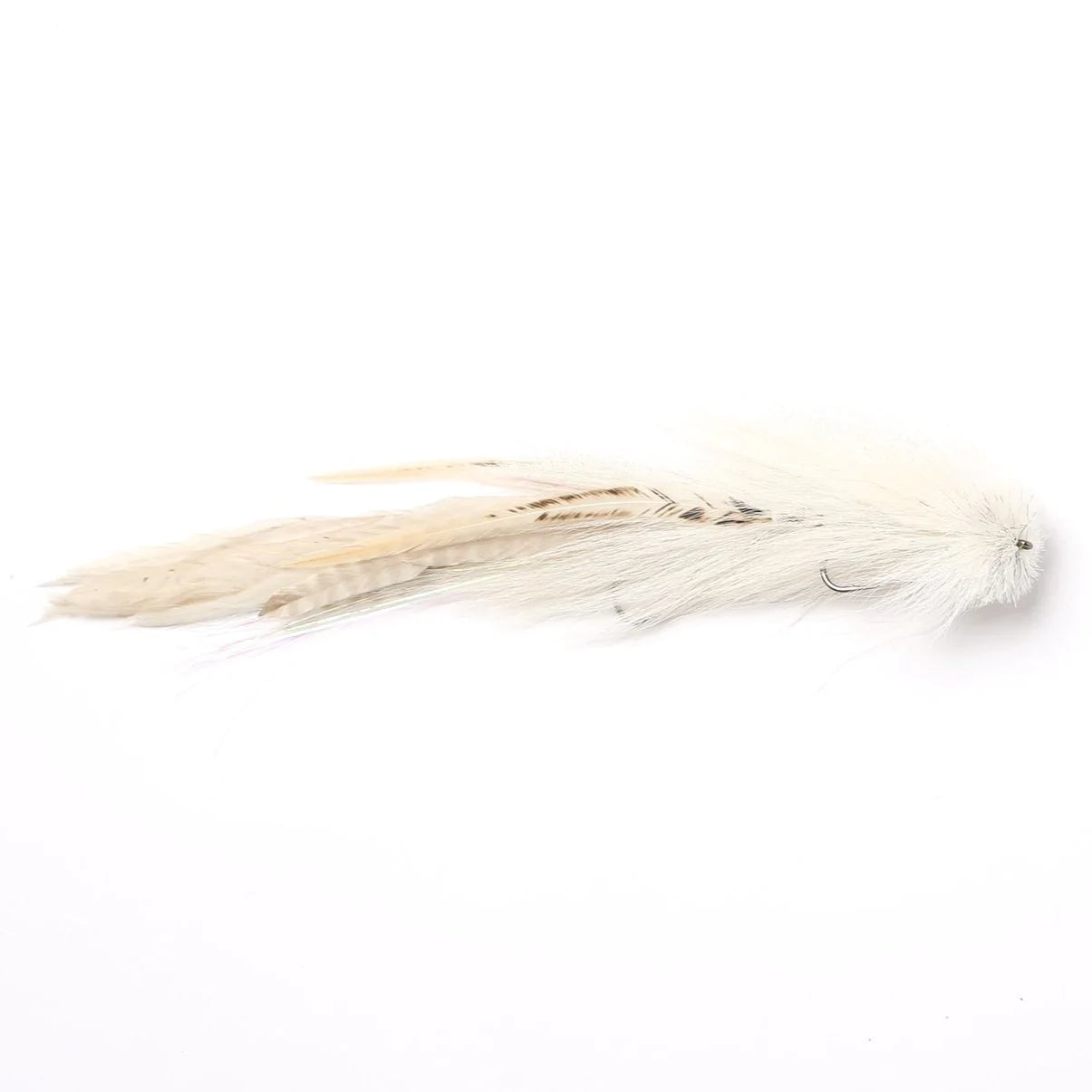 Double Buford Urban Fly Co. fly fishing lure featuring delicate white and beige feathers designed for effective musky fishing tackle.