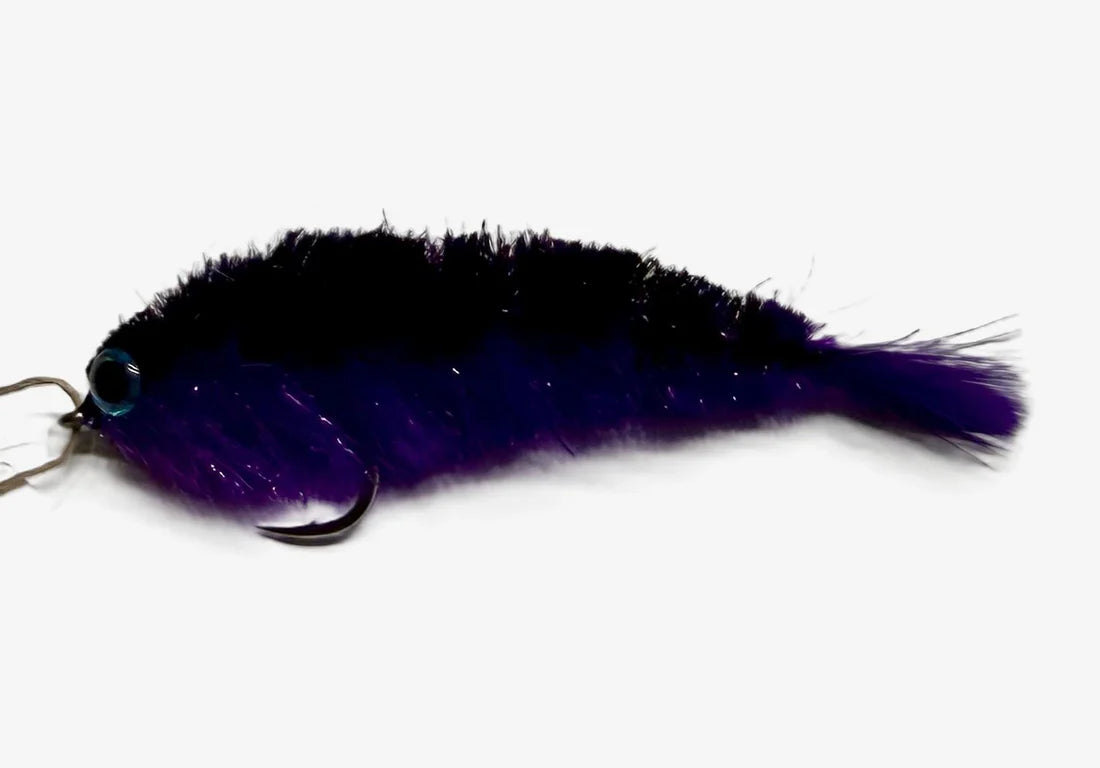 Chocklett Factory Finesse Changer fishing lure in dark purple with fine fur texture and a single sharp hook designed for musky fishing tackle.