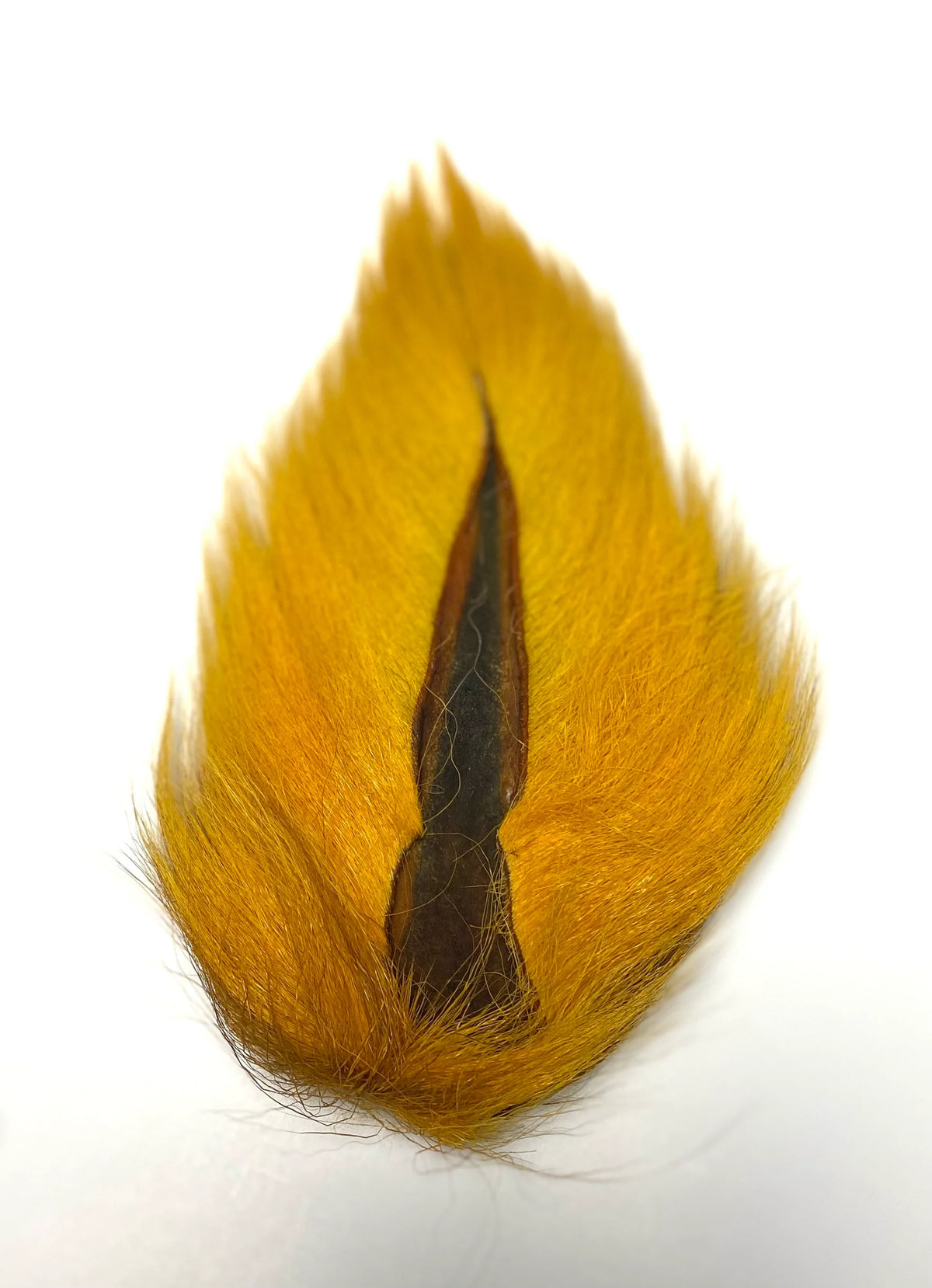 Marabou Brothers El Presidente Grade Buck Tail golden orange fishing lure with a dark central feather accent for musky fishing tackle