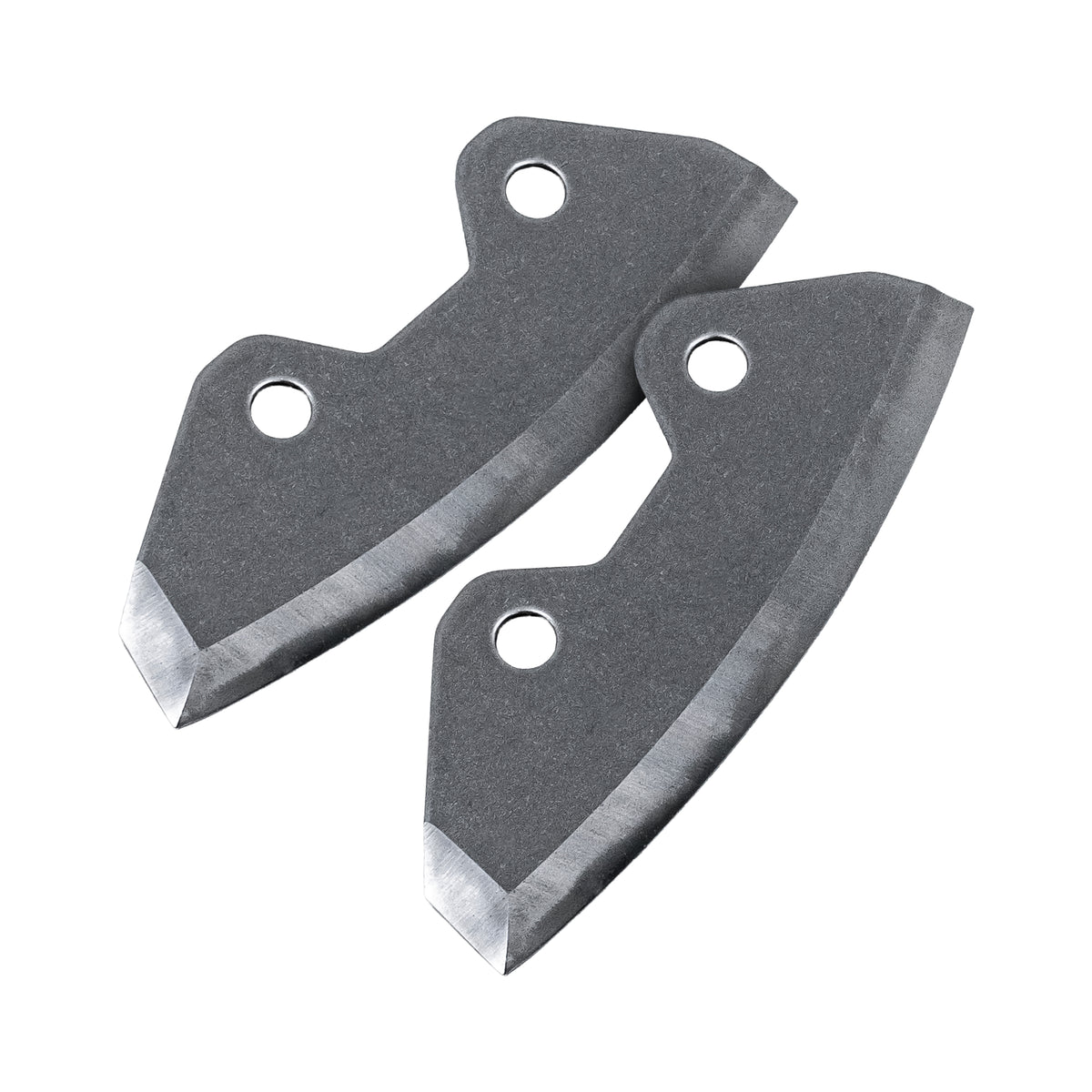 Pair of dark gray ION Turbo Blades replacement fishing tackle blades with sharp silver edges and mounting holes for musky fishing gear.