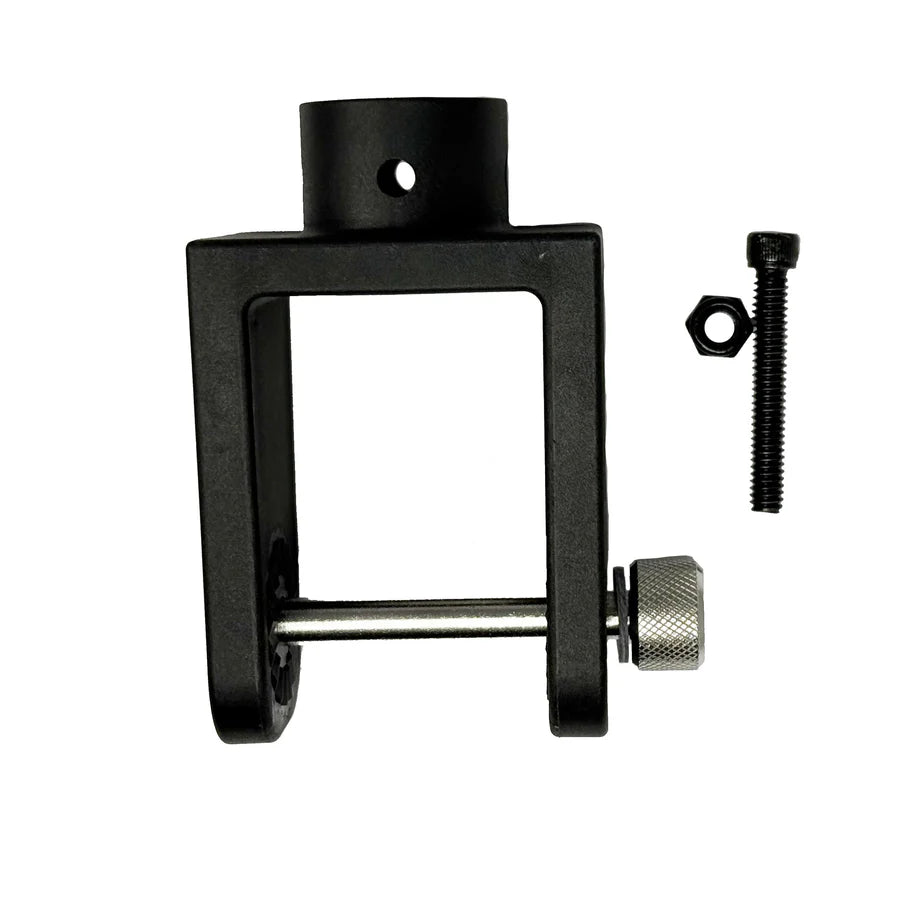 Brew City LVS34 Live Mount fishing tackle accessory in black metal with an adjustable screw clamp and separate bolt and nut for installation.