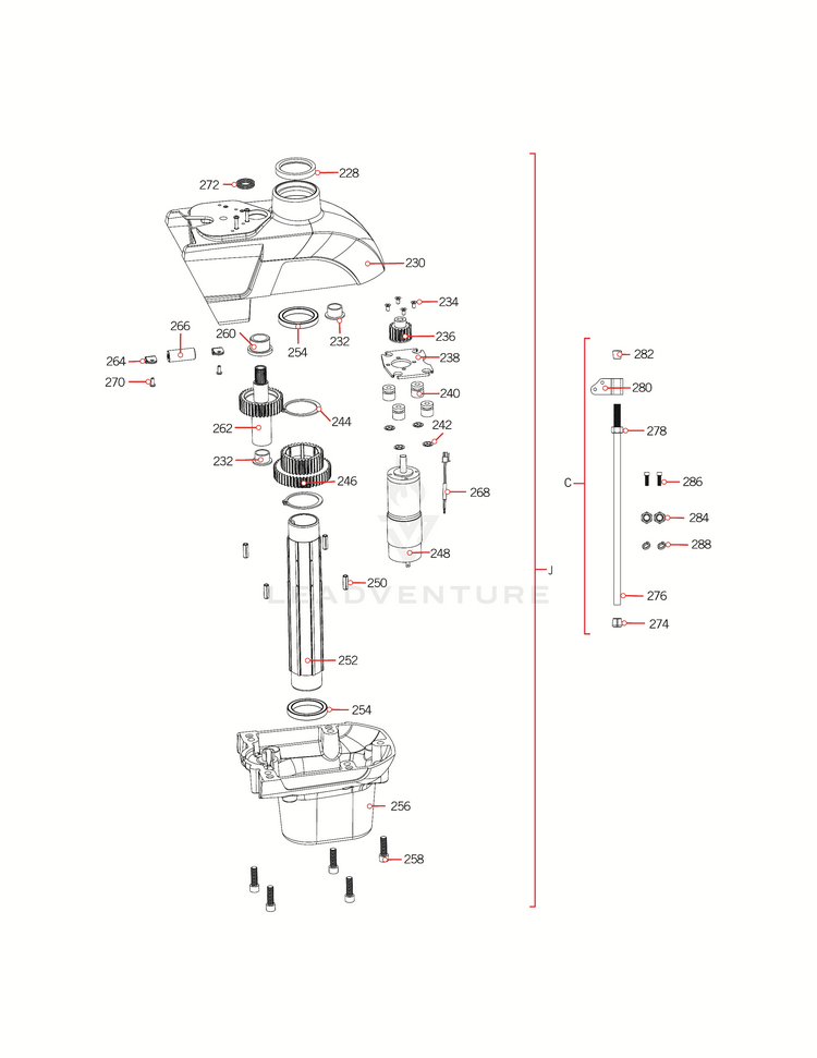 Detailed exploded diagram of Minn Kota BRACKET, STABILIZER ARM P/N: 2281929 showing individual internal components including screws, washers, gears, motor housing, and assembly parts for fishing tackle and marine electronics repair.