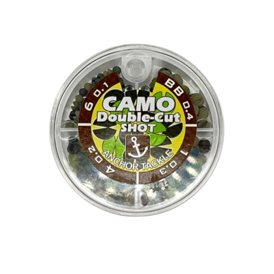 Anchor Split Shot fly fishing tackle in a clear round container with assorted small weights for adjusting line depth and lure presentation.