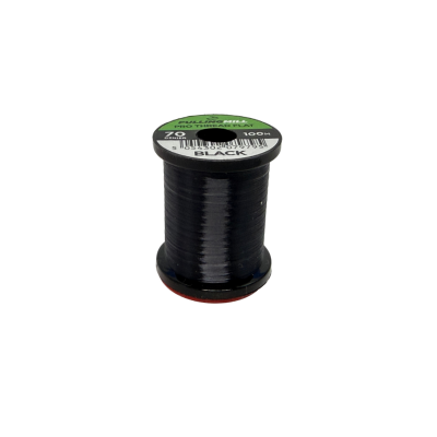 Full spool of black Fulling Mill Pro Thread Flat 70 Den used for tying fishing flies and custom fishing tackle.