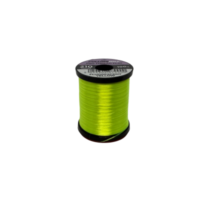 Fulling Mill Pro Thread Flat 210 Den spool of bright yellow-green thread used for fly fishing tackle and rod building in a premier Midwest fishing gear shop.