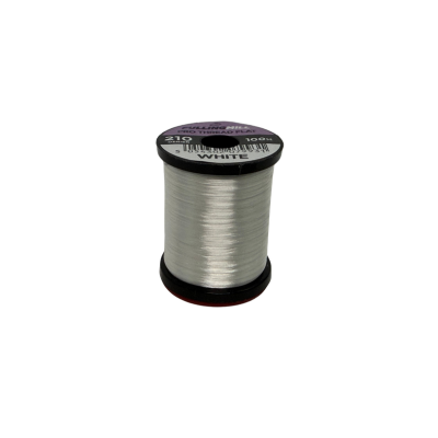 Fulling Mill Pro Thread Flat 210 Den spool of fine, white synthetic thread used for detailed fly fishing lure tying, suitable for musky and freshwater fishing tackle.