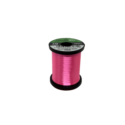 Spool of bright fluorescent pink Fulling Mill Pro Thread Flat 70 Den fishing thread for fly tying and fishing tackle applications.