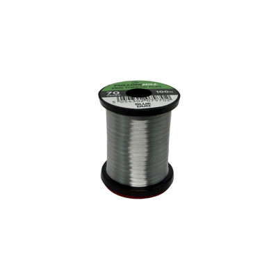 Spool of silver Fulling Mill Pro Thread Flat 70 Den fishing thread used for tying fishing lures and fly fishing tackle.