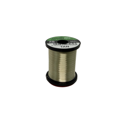 Spool of tan Fulling Mill Pro Thread Flat 70 Den fishing thread used for fly tying and fishing tackle in a premier Midwest fishing gear shop.