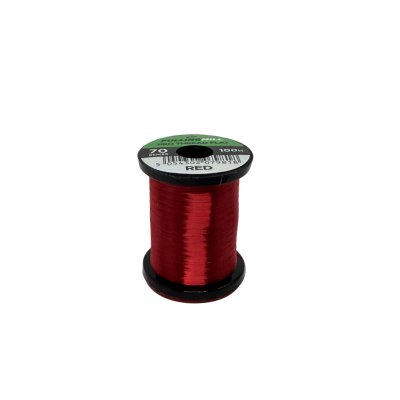 Fulling Mill Pro Thread Flat 70 Den spool of vibrant red fishing thread used for detailed fly tying and custom fishing tackle.