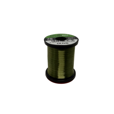 Fulling Mill Pro Thread Flat 70 Den spool of olive green thread for fly fishing, ideal for detailed fly tying and fishing tackle applications.