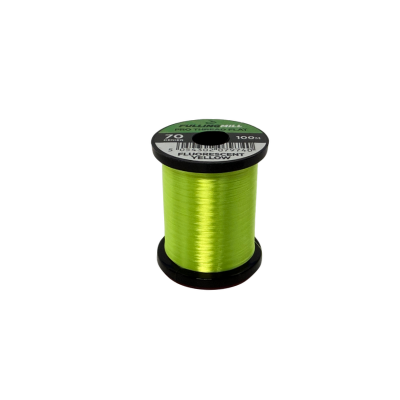 Fulling Mill Pro Thread Flat 70 Den spool of bright fluorescent green thread used for detailed fly tying in fishing tackle and rod customization.