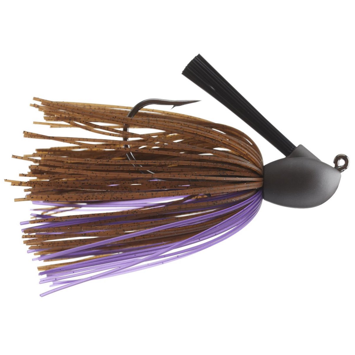 Keitech Model 1 Tungsten Casting Jig fishing lure with a brown and purple skirt, featuring a sharp hook and weed guard for musky and ice fishing tackle.