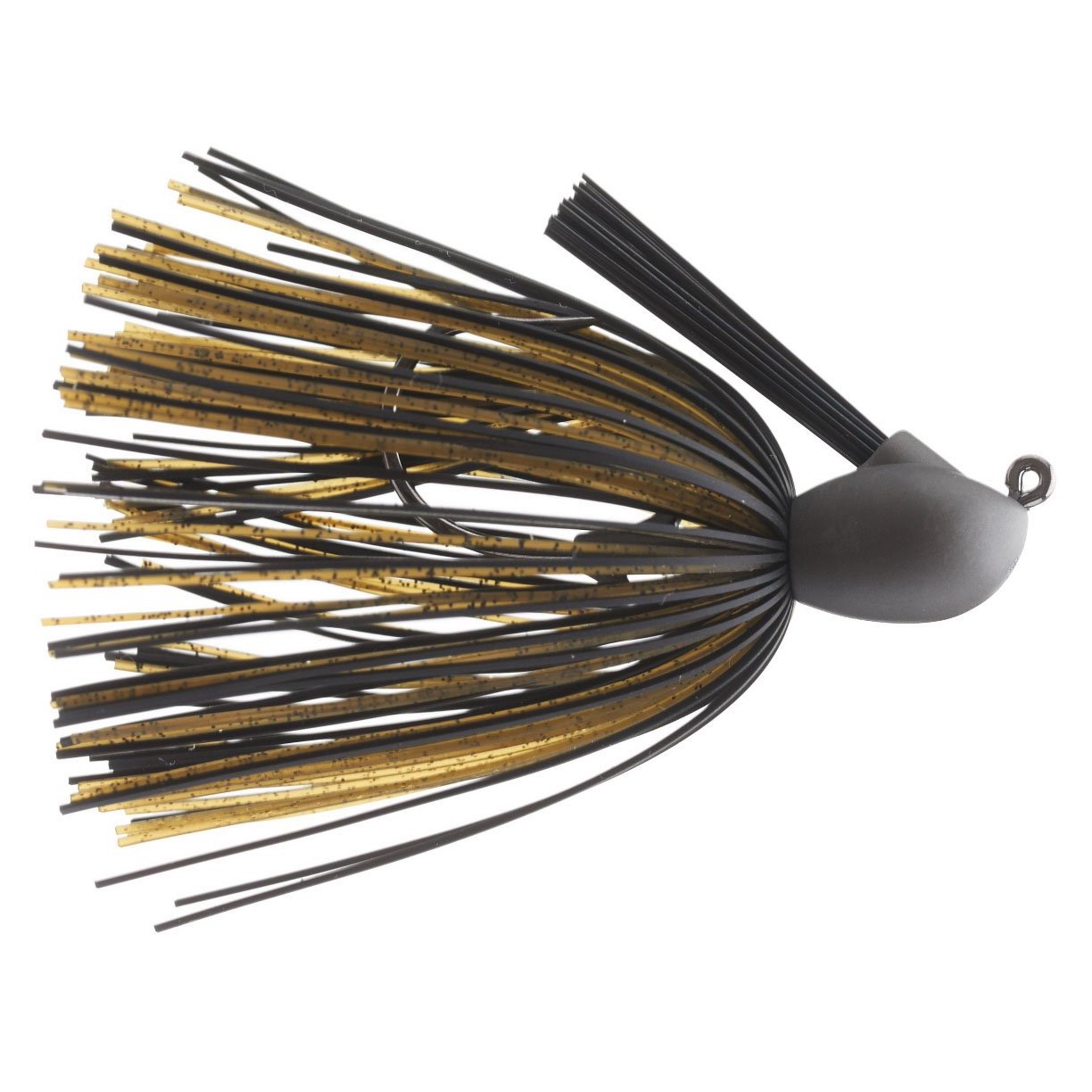 Keitech Model 1 Tungsten Casting Jig fishing lure with black and gold skirt designed for casting, featuring a weighted tungsten head and weed guard for freshwater fishing tackle.