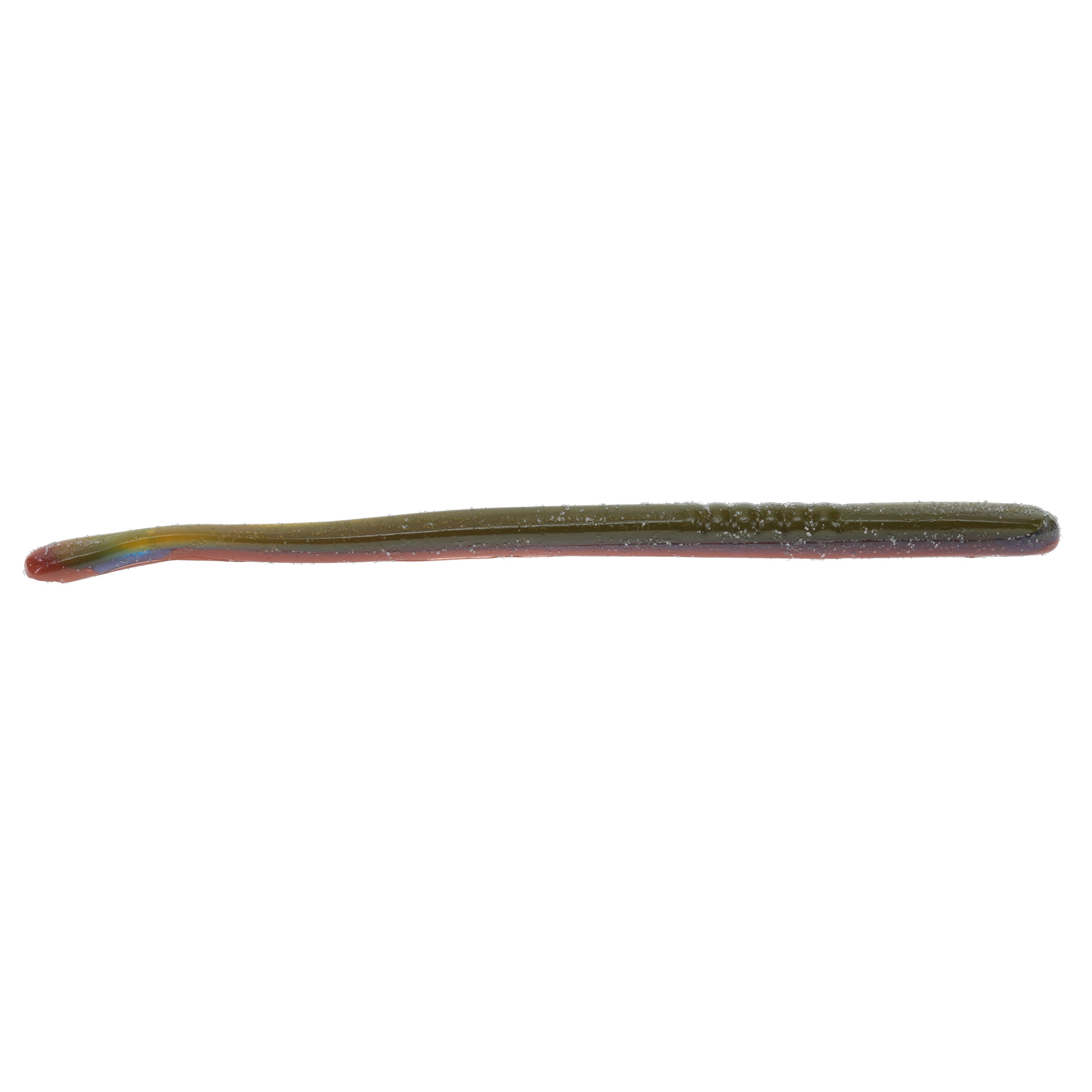 Strike King KVD Perfect Plastics Filler Worm 6" is a slender, soft fishing lure with a greenish-brown body and a slightly curved tail, designed for realistic presentation in fishing tackle.