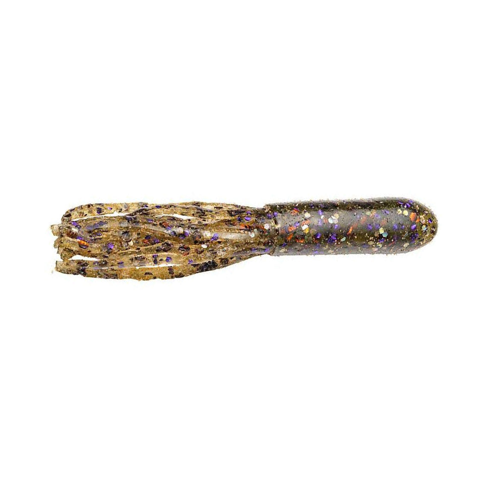 Soft plastic fishing lure with segmented skirt in dark brown with purple and orange flecks, designed for musky fishing, identified as Strike King Fat Coffee Tube.